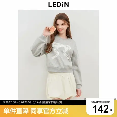 乐町简约宽松短款卫衣女装2025春新款蕾丝蝴蝶结圆领上衣灰色卫衣图片