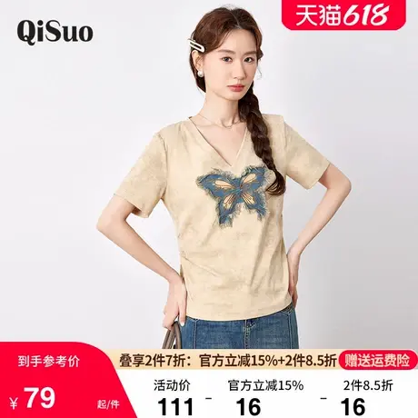 绮娑大码胖MM蝴蝶结T恤2025夏季新款V领设计感显瘦正肩短袖上衣女商品大图