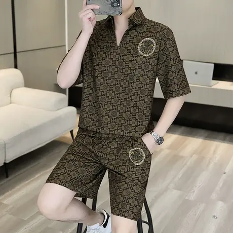 冰丝短袖POLO衫套装男士2025夏季新款潮流V领短裤两件装一整套潮图片