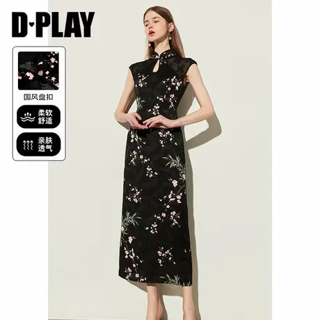 DPLAY夏季新款新中式黑色花色镂空蕾丝拼接连衣裙旗袍裙长裙图片