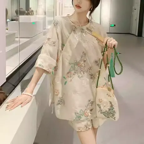 爵莱菲新中式国风套装女2025年夏季新款复古盘扣上衣短裤两件套图片
