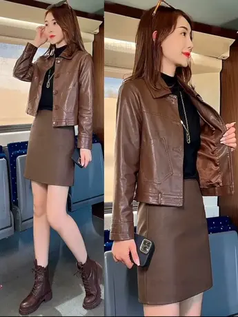 2023秋冬新款高级感皮衣女机车休闲显瘦外套复古皮夹克短款宽松潮商品大图