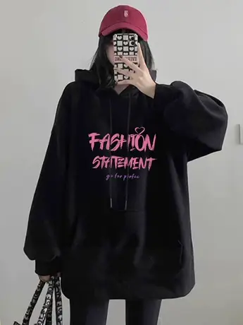 vintage美式连帽卫衣女大码秋冬情侣加绒款ins潮复古显瘦高街外套商品大图