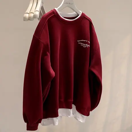 加绒加厚2023秋冬新款慵懒风bf印花假两件卫衣女宽松外套休闲上衣图片