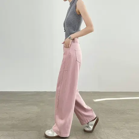 粉色直筒弯刀牛仔裤女2025夏季新款高腰宽松显瘦垂感休闲阔腿长裤商品大图