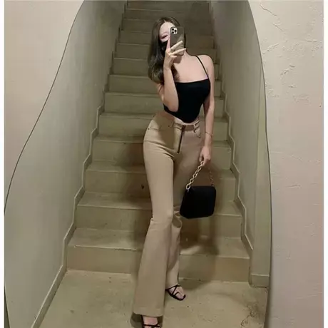 现货 Onoev新款拉链紧身女人味显身材喇叭裤纯色休闲裤图片