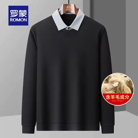 【华夫格+含羊毛】罗蒙男士针织衫假两件2025冬季新款加绒毛线衣图片