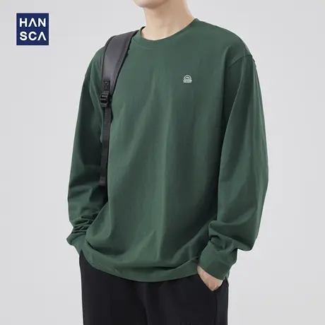 hansca 秋季260g宽松长袖t恤男2025新款重磅纯棉圆领印花套头上衣商品大图