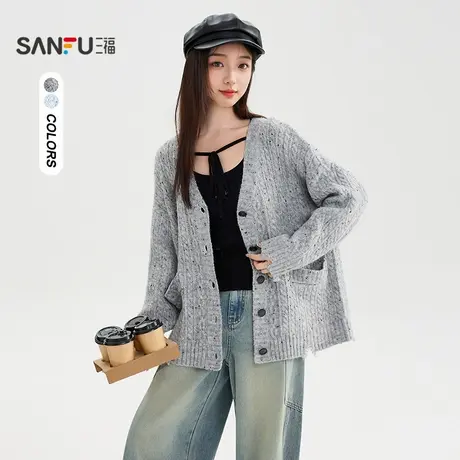 三福开衫2025秋季下摆破洞宽松花纱外套上衣女装507634商品大图