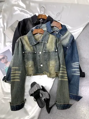 水洗磨白做旧牛仔短外套2023秋季新款显瘦百搭高腰夹克街头风上衣图片