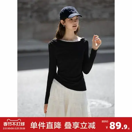 唐狮2026春秋女一字领假两件蕾丝拼接针织打底衫上衣秋冬可外穿图片