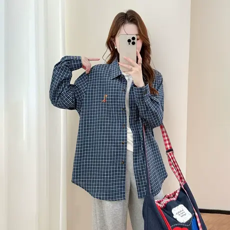 唐狮新款格子衬衫女长袖衬衣外套翻领宽松超好看时尚潮流夹克TM商品大图