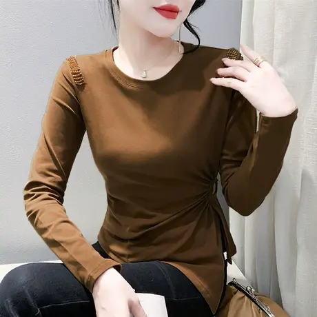 不规则下摆开叉圆领上衣秋冬钉珠T恤女长袖洋气修身减龄打底衫潮t商品大图