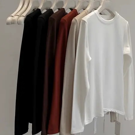 秋冬内搭德绒磨毛打底衫女韩版宽松正肩加绒加厚长袖T恤上衣服潮商品大图