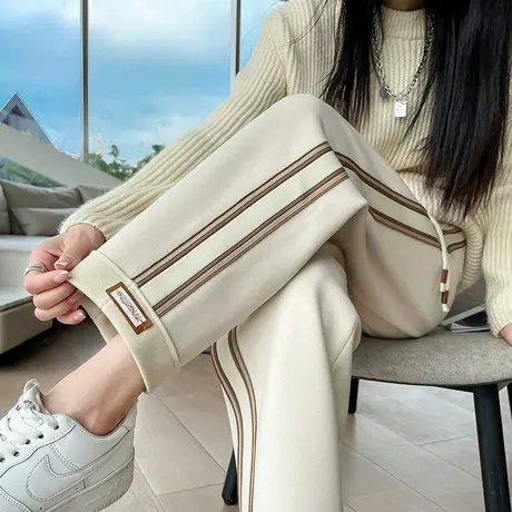 加绒毛呢阔腿裤女冬季新款米白色休闲小个子高腰九分宽松直筒裤子商品大图