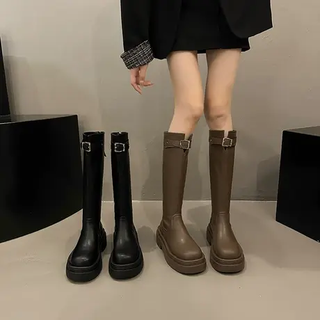 长筒靴女2023年春秋季新款超火英伦风高级感瘦瘦靴粗跟厚底骑士靴图片