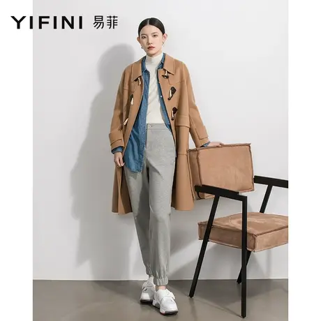 Yifini/易菲学院风牛角扣休闲大衣女中长款毛呢外套秋冬新款商品大图