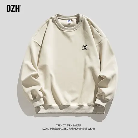 男士杏色圆领卫衣男潮牌重磅2023新款秋季百搭上衣情侣外套打底衫商品大图