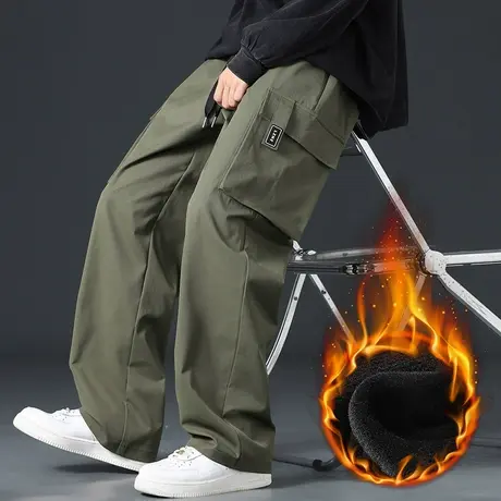 冬季男装加绒加厚多口袋阔腿工装秋冬款男士抗寒保暖带绒休闲裤子商品大图