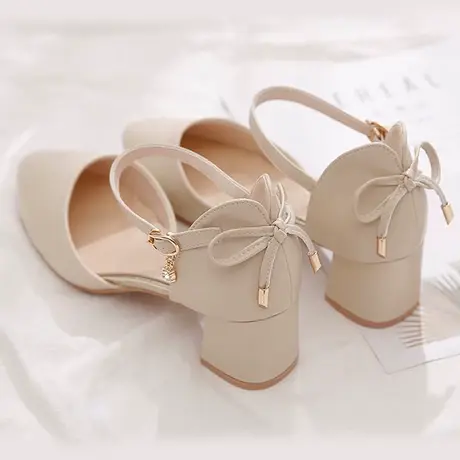 【真皮】单鞋2023新款春夏高跟鞋法式一字配裙子浅口包头凉鞋女商品大图