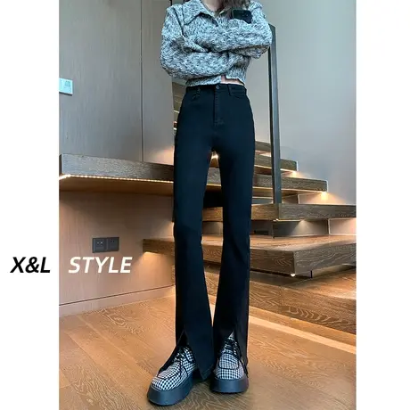 黑色高腰开叉微喇牛仔裤女秋冬季2023年新款显瘦小个子九分喇叭裤图片