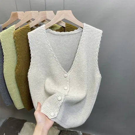 2023秋V领针织马甲女无袖开衫外搭背心叠穿无袖毛衣坎肩马夹外套商品大图