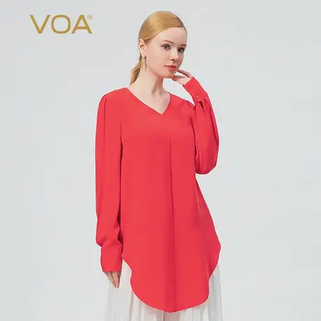 VOA真丝30姆米重磅梦想红桃心领长袖褶皱圆弧摆中长款桑蚕丝T恤图片