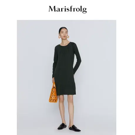 【100羊毛】玛丝菲尔春季新款圆领黑色长袖连衣裙荷叶边设计图片