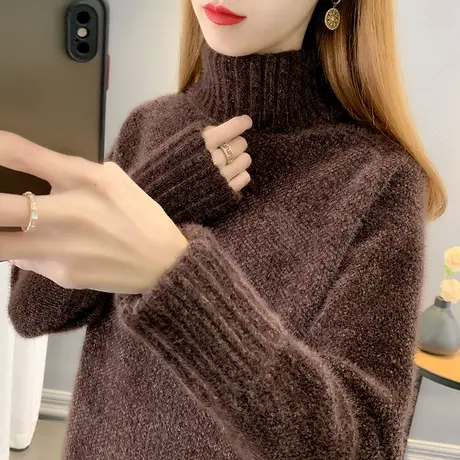 5937毛衣女宽松外穿新款中长款高领套头慵懒风雪尼尔针织衫厚商品大图