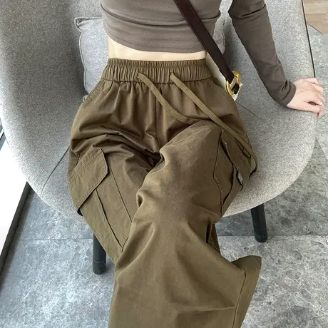 美式高街抽绳休闲工装裤女春秋新款直筒高腰显瘦宽松阔束脚腿长裤商品大图