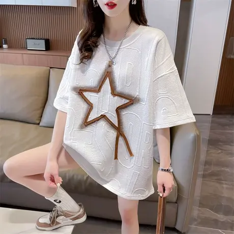 小众设计感短袖t恤女夏季韩版宽松大码女装中长款华夫格提花上衣商品大图