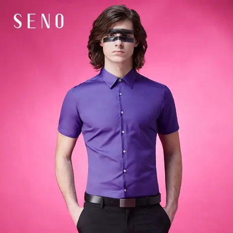 seno紫色男士短袖衬衫免烫抗皱修身商务韩版潮流帅气休闲衬衣男装商品大图