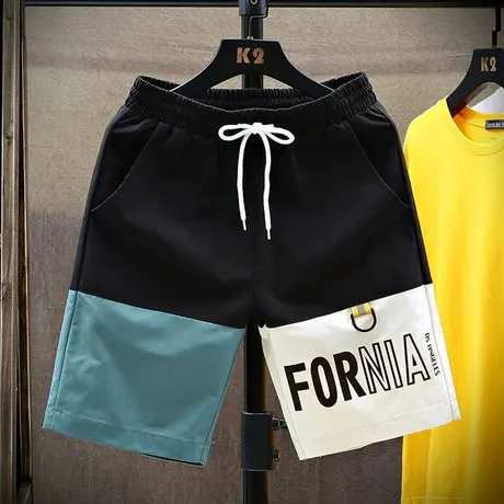 夏季短裤男士休闲五分裤韩版拼色潮流宽松运动直筒大裤衩男中裤子商品大图