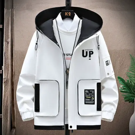 工装外套男春秋潮牌潮流休闲宽松连帽夹克男士新款防风冲锋衣褂子商品大图