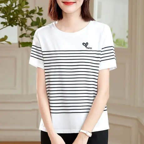 纯棉条纹短袖t恤女夏装2023年新款时尚洋气年轻妈妈上衣显瘦体恤图片