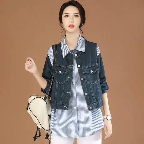 韩潮袭人两件套中长款牛仔马甲女2024春季新款条纹衬衫套装外套图片