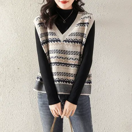 V领复古针织马甲女士2023新款春秋冬季叠穿毛衣背心坎肩马夹外搭商品大图
