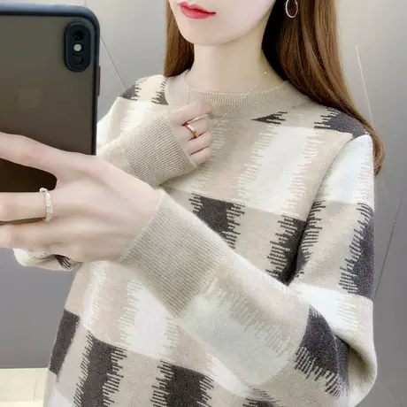 2023年秋装新款圆领宽松外穿拼色毛衣女针织衫打底女长袖上衣女潮图片