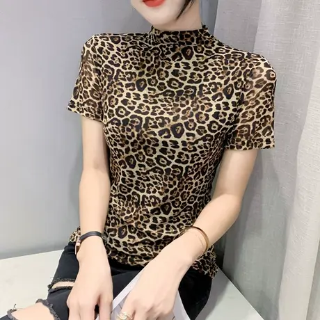 性感豹纹网纱T恤女短袖洋气漂亮半高领上衣设计感小众紧身体恤ins商品大图