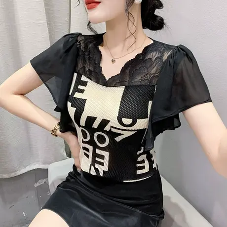 蕾丝拼接T恤女短袖夏季欧货气质荷叶边小衫性感网纱V领修身上衣潮商品大图
