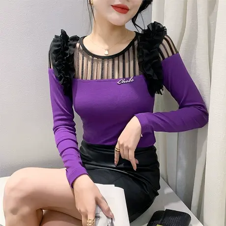 设计感木耳边T恤女长袖气质减龄网纱拼接撞色上衣洋气修身打底衫图片
