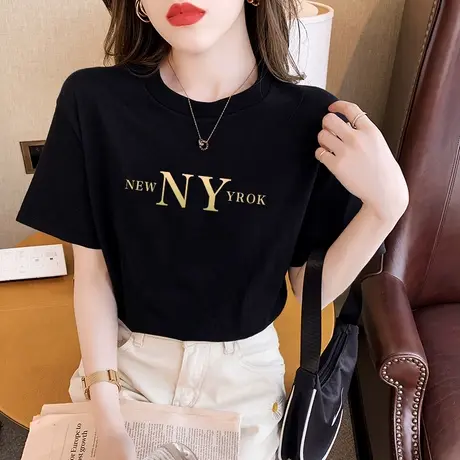 短袖t恤女夏季2023年新款高级感字母印花体恤薄款宽松纯棉上衣潮商品大图