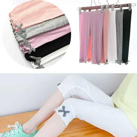 2021春夏新品儿童棉质外穿竖条蝴蝶结七分裤女童韩版抗起球打底裤商品大图