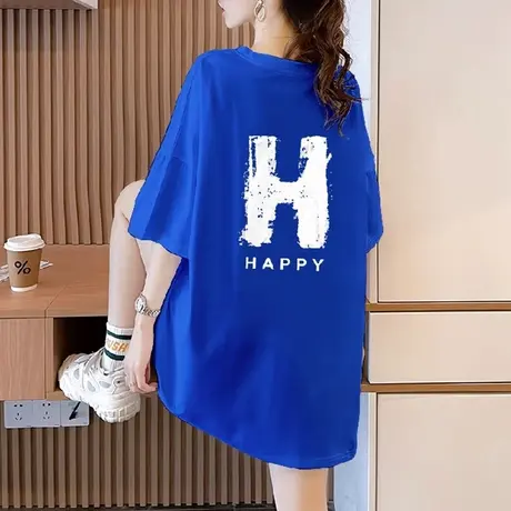 克莱因蓝纯棉短袖t恤女2023年夏新款女装大版中长款宽松百搭上衣图片