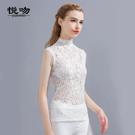 半高领蕾丝打底衫女夏薄款无袖背心时尚洋气内搭花边立领修身上衣商品大图