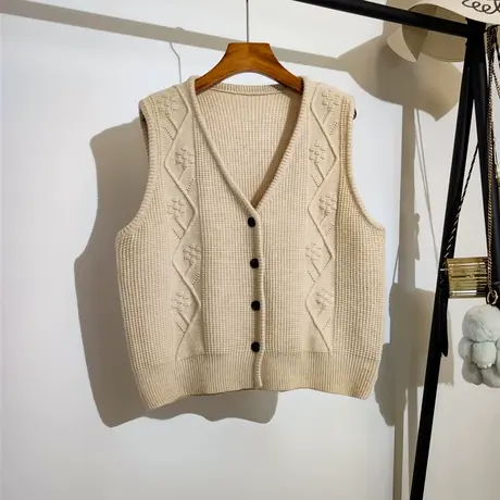学院风针织马甲开衫女秋冬新款宽松v领叠穿百搭毛衣马夹背心外套图片