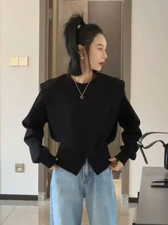 欧货时尚休闲下摆长罗口拉链装饰卫衣女秋不规则圆领显瘦长袖T恤商品大图