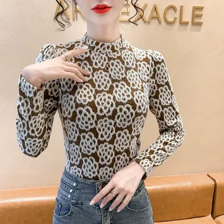 2023秋半高领蕾丝打底衫女内搭小衫秋冬洋气显瘦紧身长袖纯欲上衣商品大图