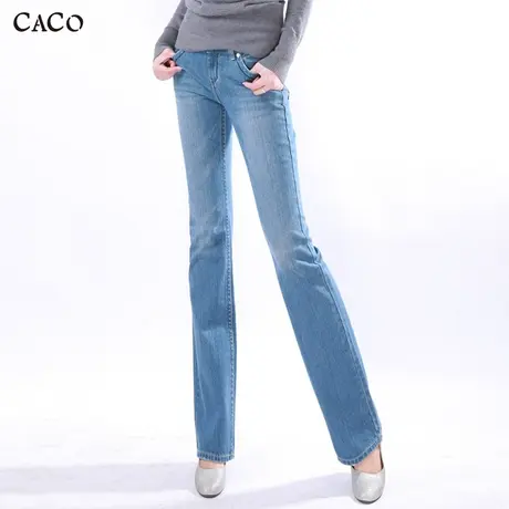 微喇牛仔裤女长裤中腰无弹力纯棉浅蓝色水洗设计感牛仔休闲加长裤商品大图