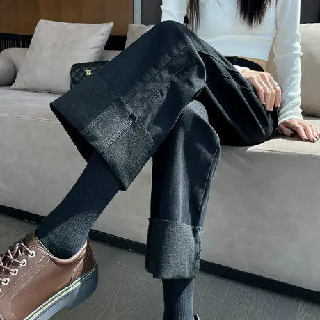 黑色加绒牛仔裤女直筒宽松秋冬高腰显瘦小个子九分薄绒翻边阔腿裤商品大图